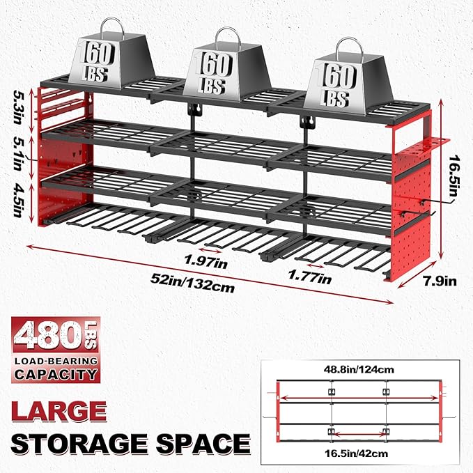 52" Metal Power Tool Organizer Wall Mount,4 Tier,Red | Heavy-Duty Metal,480 LBS Capacity,12 Cordless Drill Holders,Adjustable Hooks,Tool Shelf for Garage Workshop Shed,Pegboard