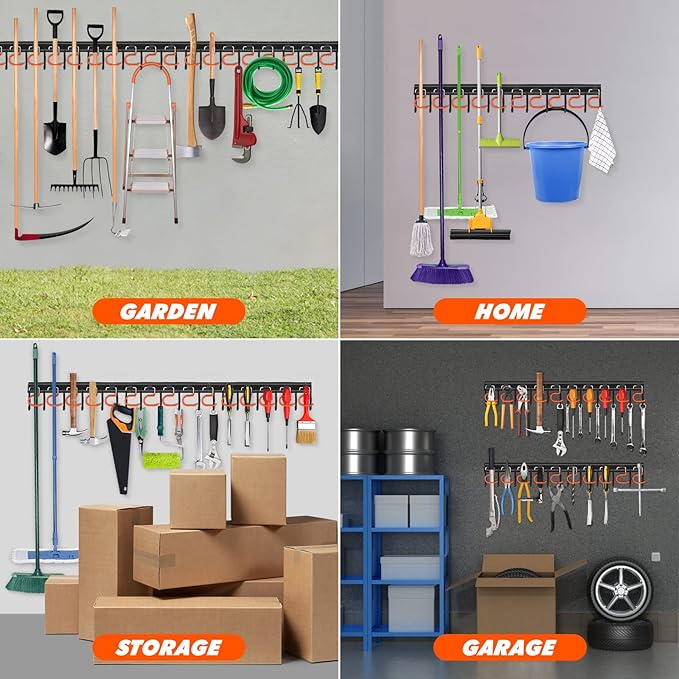 TVKB 34'' All Metal Garden Tool Organizer Wall Mount Garage Organizers and Storage with Hooks Tool Hangers for Shed