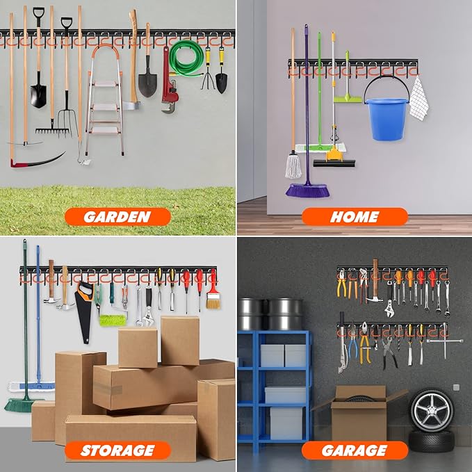 TVKB 17'' All Metal Garden Tool Organizer Adjustable Garage Tool Organizer Wall Mount Garage Organizers and Storage with Heavy Duty Hooks Tool Hangers for Garage Wall, Shed, Garden
