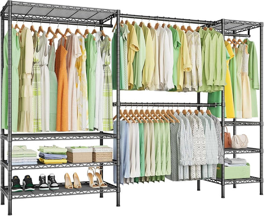 Ulif E11 Heavy-Duty Garment Rack, Metal Clothes Rack, Load 1034lbs, Black | Freestanding Expandable Closet Storage Organizer System with 8 Shelves and 4 Hanger Rods, (73.2-97.6)"W x 14.5"D x 71.2"H