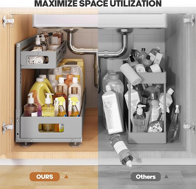 2 Pack 21IN-Depth Under Sink Organizer,Pull Out Cabinet Organizer With Smooth Cylindrical Rail,Metal Slide Out Drawer for Kitchen Bathroom Laundry,8-Level Tool Free Height Adjustable-Gun Gray