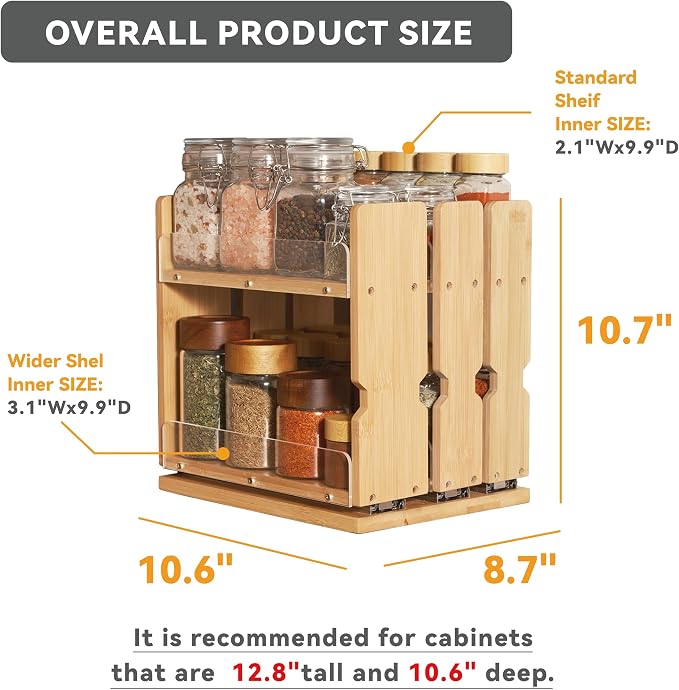 Bamboo Pull Out Spice Rack Organizer for Cabinet, 3 Slide-Out Drawers(2"&3") with Wide Drawer for Large Bottles, Kitchen Pantry Heavy-Duty Sliding Vertical Organization, 8.6"W,2-Tier,Natural