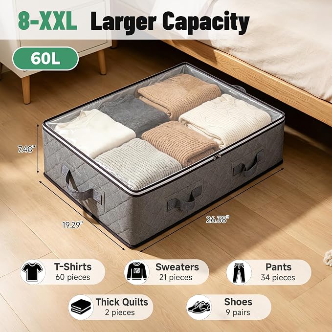 Pterying 8Pack Under Bed Storage Bags, Closet Organizers and Storage Bins with Clear Window & Reinforced Handle for Clothing, Sweater, Comforter, Blankets, Bedding | Underbed Storage Bins with Reinforced Handles, Dual-Zipper for Clothes, Comforters, Bl...