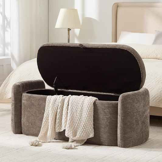 Oval Ottoman Bench with 20 Gal of Storage Space Upholstered Chenille Seat End of Bed Storage Bench Storage Ottoman with Storage for Bedroom, Living Room, Entryway, Window(Light Brown)