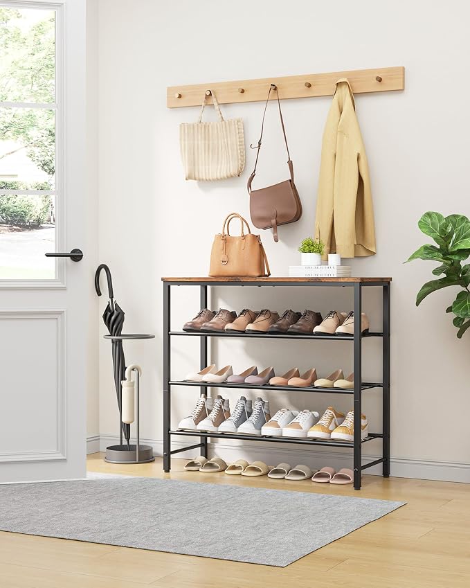 Kitsure Shoe Rack for Closet, Shoe Storage, 29.5" Wide - 4 Tier, Brown | Space-Saving Shoe Organizer with Leveling Feet, Sturdy & Rust-Proof Wooden Shoe Rack for Entryway, Bedroom, Living Room