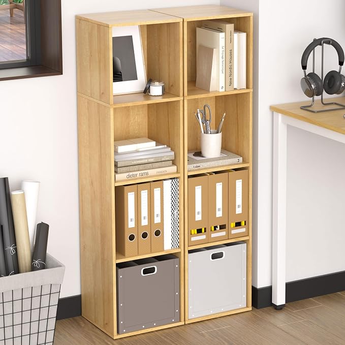 4 Cube Storage Organizer, 4 Tier Cube Low Bookcase Freestanding Storage Display Organizer, Four-Cubes Open Shelf Bookshelf for Home Office (Oak, 4-Cube)