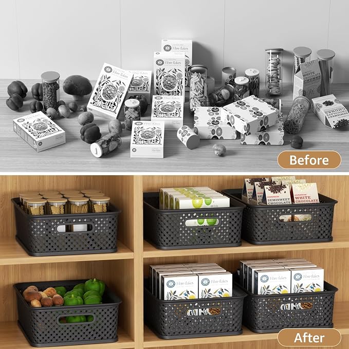 MaxGear 3 Pack Plastic Storage Baskets, Large, Black | Durable Woven Plastic with Built-In Handles, Suitable for Shelves, Closets, Cabinets, Bathrooms and Offices