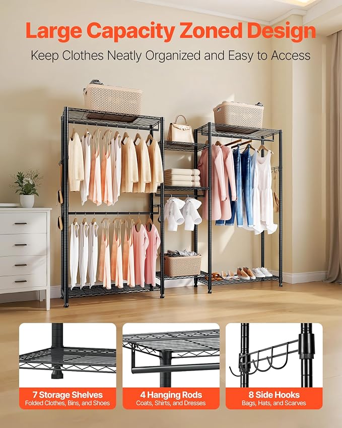 VEVOR Clothing Garment Rack, Heavy Duty Closet Wardrobe, Adjustable Tiers Clothes Racks with Steel Frame, for Bedroom, Clothing Store, Hallway