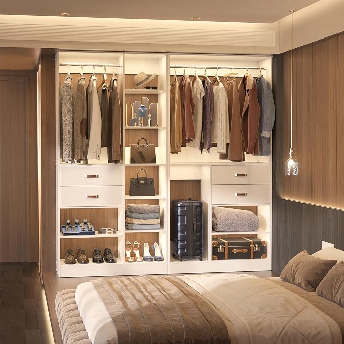Freestanding Closet System, 40 Inches Stand-Alone Wardrobe with 10 Shelves, 80'' Height Adjustable Cloth Garment Rack with 2 Wood Drawers, Wood Walk-in Closet with Hanging Rod, White