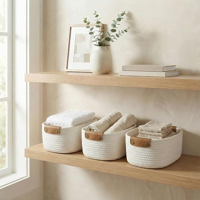 Beautiful Storage Basket Set of 3 - Sturdy Jute Rope Baskets for Shelves Are Perfect for Organizing Your Home - Quality Storage Bins Easily Fit With Any Nursery or Bedroom Decor