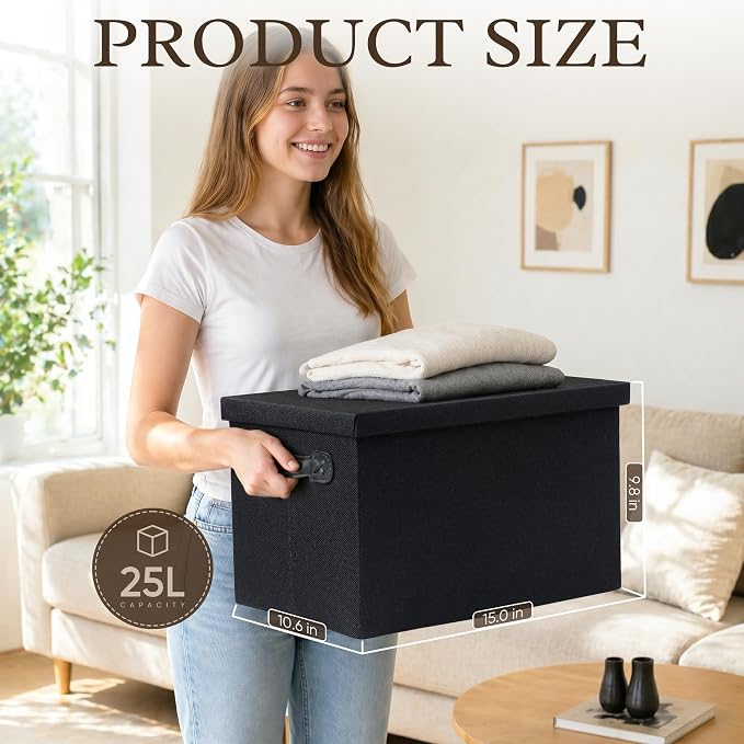 Fabric Storage Bins with Lids, Heavy Duty Collapsible Organizer Bins for Shelves, Stackable Closet Woven Baskets with Handles, 25L Rectangle Boxes for Bedroom Office, Cube Home Decor (Black 2 Pack)