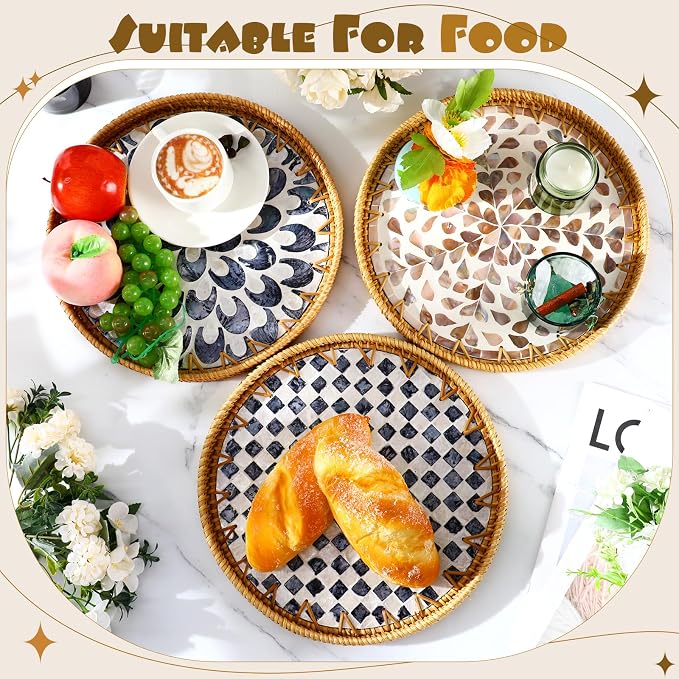 3 Pcs Round Rattan Tray with Mother of Pearl Inlay Wicker Serving Tray with Wooden Base Boho Decorative Wicker Basket for Table Decor Bathroom Candle Perfume(Modern Style)