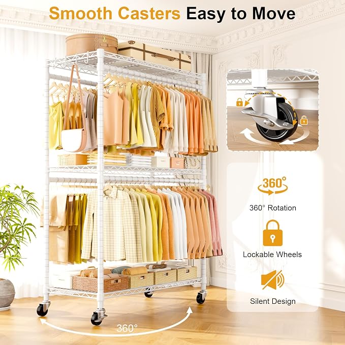 Rolling Clothes Rack, Clothing Racks for Hanging Clothes, White | P5 Plus Heavy Duty Garment Rack with Wheels, 3-Tier Shelves, Portable Closet Racks 45''W × 20.5''D × 80.5''H, Max Load 660Lbs