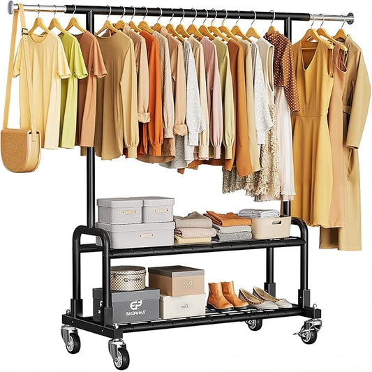 Luxspire Rolling Heavy Duty Clothes Rack with 2 Sturdy Shelves Load 600 LBS | Zinc-iron alloy frame, lockable silent wheels, adjustable extendable rods for bedroom and laundry room garment storage