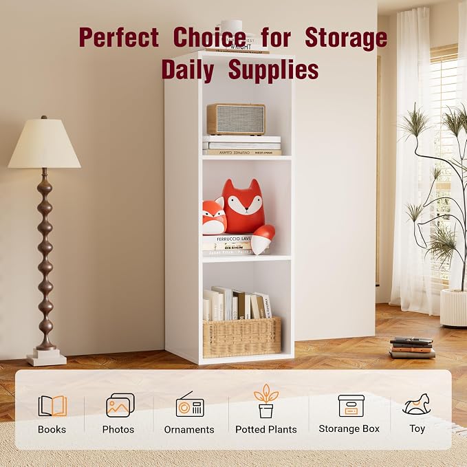 Book Shelf, Wooden Cube Storage Organizer with 11" Open Cubes, Stackable Modular Bookcase for Room Divider Storage, 3 Tier Bookshelf for Living Room, Bedroom, Office (White, 3-Cube)