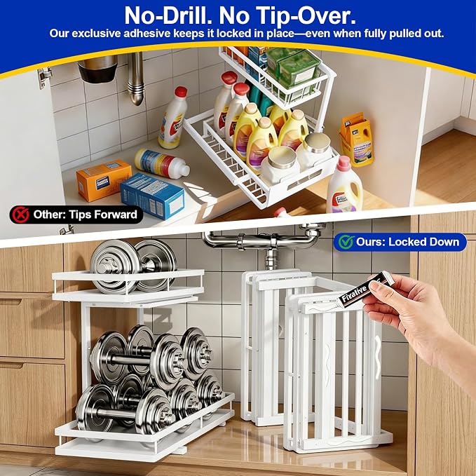 2 Pack Under Sink Organizer, 2-Tier Metal Shelf, White | Carbon steel 2-tier set, ball-bearing slides, adjustable height, no-drill setup, for kitchen and bathroom cabinets