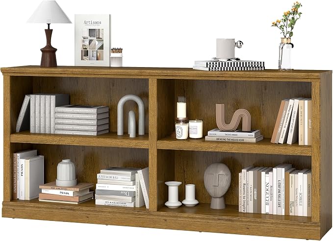 64" W Double Wide Open Shelf Bookcase, 2 Tiers 4 Storage Cube Book Case | Horizontal Bookshelf, Display Cabinet Organizer Indoor Furniture, Home Library Office, Vintage Oak Adjustable Shelf
