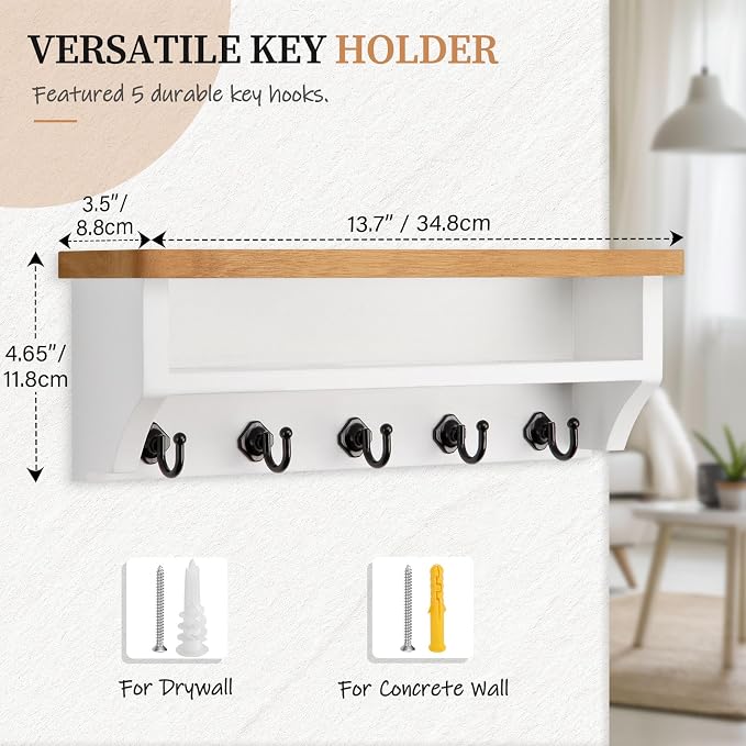 Nekon Key Holder Wall Mount, Wall Organizer Shelf with 5 Key Hooks, Room Decor for Home and Apartment Essentials, Wood and White