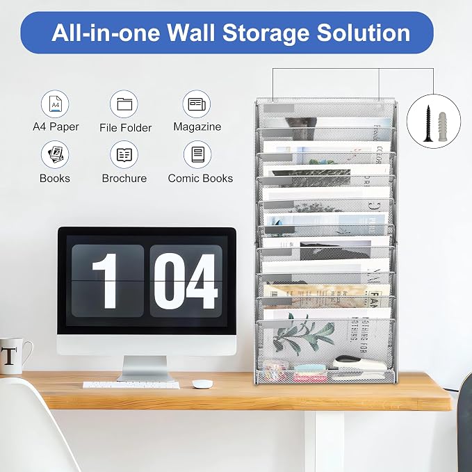 EasyPAG Wall File Holder 10 Tier Mesh Hanging Folder Organizer with Flat Tray Wall Mounted Mail Organizer Magazine Paper Desk Shelf with Nametag Label for Office Home School, Silver