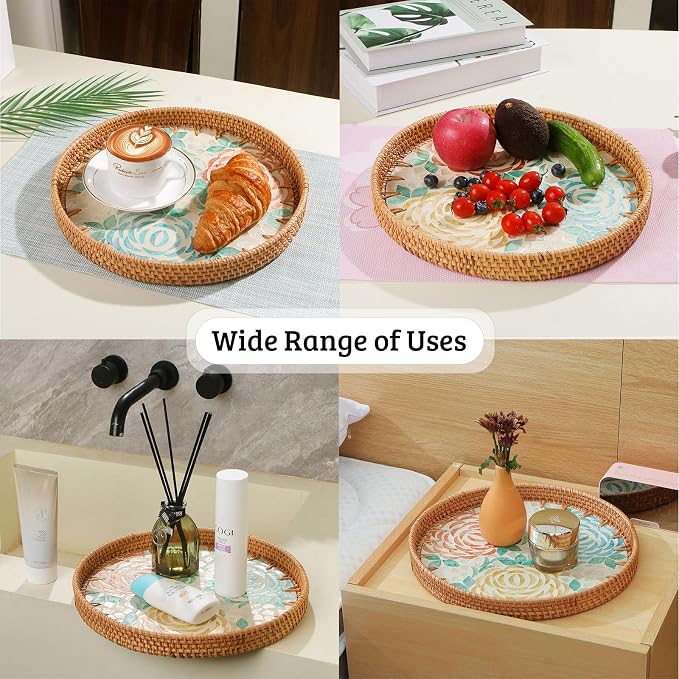 Round Rattan Tray with Mother of Pearl Inlay, Wooden Base | Coffee Table Serving Tray, Home Decorative Wicker Woven, for Outoor Patio Decor