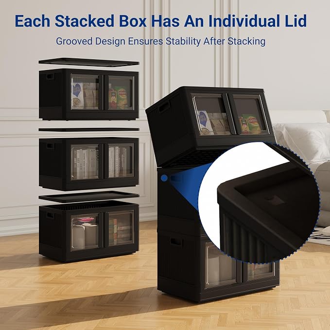 FLEXIMOUNTS 304 QT Stackable Plastic Storage Bins With Lids, Black | Collapsible Foldable Storage Bins with Front Doors and Built-in Wheels, Organizers and Storage for Home, Dorm, 4 Pack Cubes