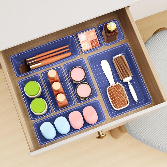 12 PCS Drawer Organizer Set, Makeup Organizer, Tool Storage Tray, Navy Blue | 4 Sizes, Plastic, Stackable, Multiple Gadgets, Desk Drawer Divider Organizers, for Makeup, Office Supplies Storage