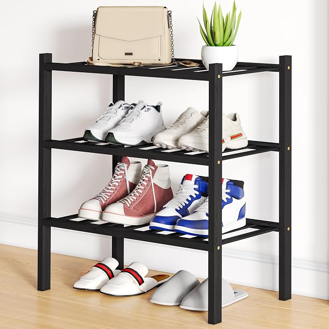 Smiry Bamboo Shoe Rack, 12 Vertical Slats, 3 Tier - 17.3" Wide, Black | Stackable Free Standing Wooden Shoe Organizer, Wood Shoe Storage Shelf for Closet, Entryway