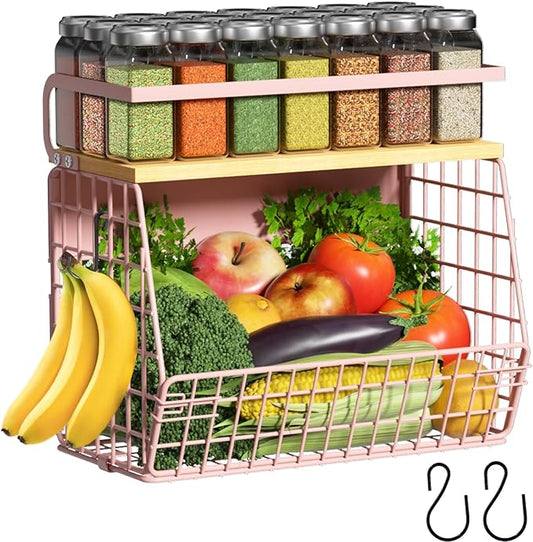 Magnetic Shelf for Fridge with Wood Lid, Fruit Potato and Onion Storage Bins, Pantry Organizers & Storage, Large Container Magnetic Spice Rack for Refrigerator, Kitchen Counter, Cabinet (Pink, 1)
