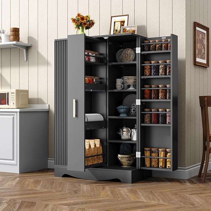 kepptory 47“ Black Kitchen Pantry Cabinet with 3 Doors, Adjustable Shelves, | Pull-Out Side Spice Racks, Freestanding Food Storage Cupboard for Kitchen, Dining Room, Living Room