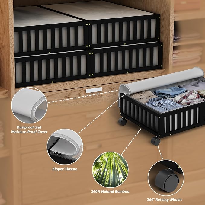 MHXW SXPN 2 Pack Bamboo Under Bed Storage Containers with Wheels, Black | Underbed Drawer Storage with Bag, Wood Rolling Underbed Organizer for Shoes, Sheets Clothes Blanket Comforter, Under Crib Toy