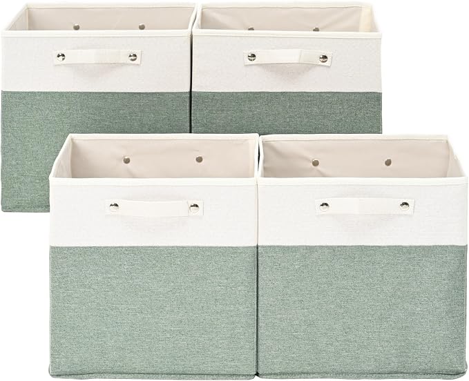 FinishingBo 13x13x13 Storage Cube Bins 4 Pack, Cube Shelf Baskets | Foldable Storage Cubes, Linen Storage Bins with Handles, Closet Organizers, White/Green