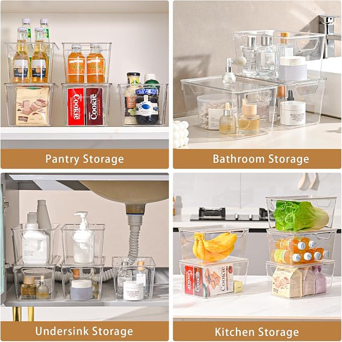 Freebat 12 Pack Clear Storage Bins with Lids, Middle Pantry 0rganizer Bins | Stackable Plastic Storage Containers, Pantry Organization for Office, Bedroom, Cabinet, Fridge,Kitchen Organization