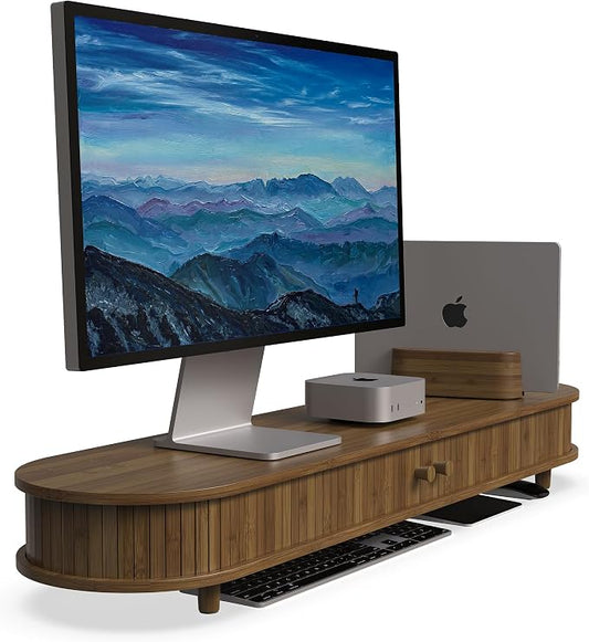 42 Inch Curved Dual Monitor Stand Riser with Storage Desk Shelf | Double Computer Stand with Sliding Doors for 55-72 Inch Cozy Workplace Computer Setup Desk Organizer Toasted Bamboo Color