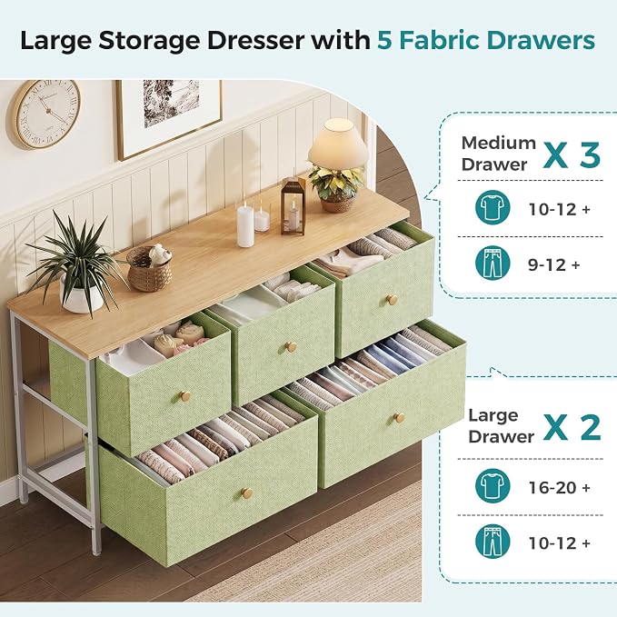 OLIXIS 5 Drawer Dresser for Bedroom, Storage Organizer Unit for Closet | Chest of Drawers for Clothes Storage with Bins, Wide Fabric Bedroom Dresser, Wooden Top, Living Room, Light Green