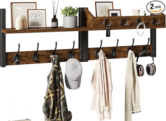 31.5" Coat and Key Rack Wall Mount with Shelf, Rustic Brown, HWS007H-2 | 4-in-1 Coat and Key Hanger with 12 Metal Hooks, Entryway Wall Shelf with Hooks & Mail Holder for Living Room, Bedroom
