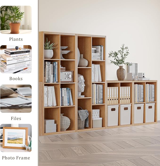 VDNEND Cube Storage Organizer Bookcase, Decorative 11 inch Open Back Cubical Shelf with Thickened Border, Display Bookshelf for Living Room, Home Office, Sturdy Room (Natural Oak, 7 Cube,Standard)