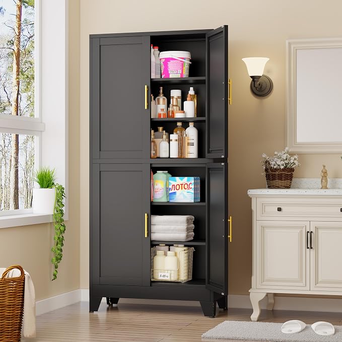 GAIOUS 75.2" Tall Metal Pantry Cabinet, Storage Cabinets with 4 Door and 4 Adjustable Shelves, Black Kitchen Pantry Storage Cabinet, Freestanding Cupboard for Kitchen Dining Room Living Room Bathroom