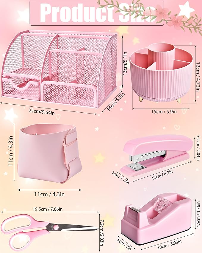 LXEVIHK 21Pcs Pink Desk Organizers and Accessories With Mesh Desk Organizer and 360°Rotating Pen Holder and a Lot of Office Pink Office Supplies Beautifully Presented in a Gift Box