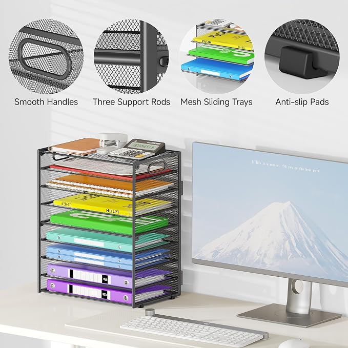 Cawukege 9 Tier Paper Organizer with Handle, Large Capacity Desk Organizer Mesh File Folder Letter Paper Tray Desktop Document Sorter for Classroom, School, and Office Accessories Organization - Grey