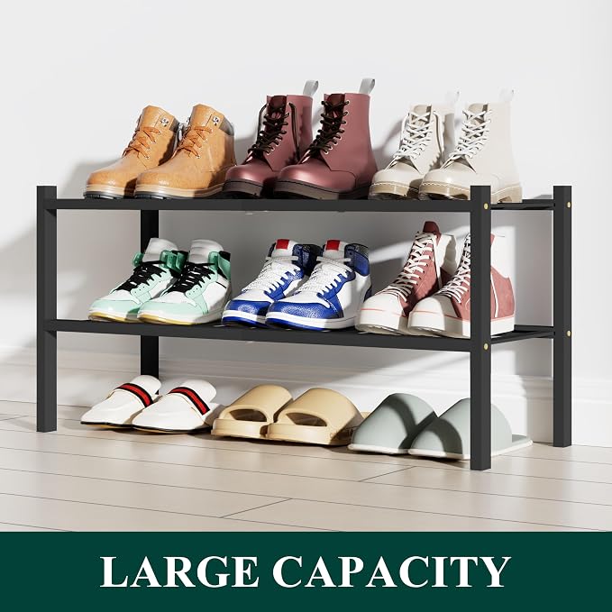Smiry Bamboo Shoe Rack, 12 Vertical Slats, 2 Tier - 26.8" Wide, Black | Stackable Free Standing Wooden Shoe Organizer, Wood Shoe Storage Shelf for Closet, Entryway