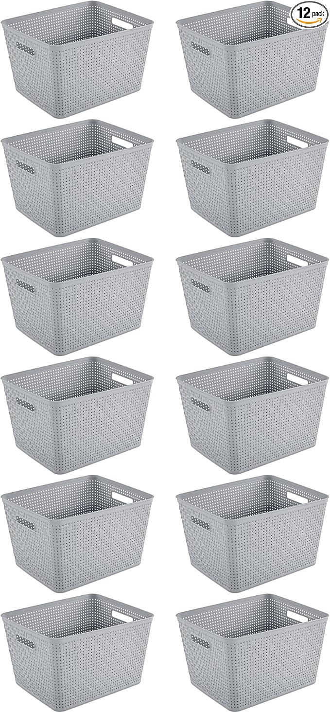 Sterilite 12 Pack Plastic Storage Bin Organization Containers, Tall Baskets, Cement