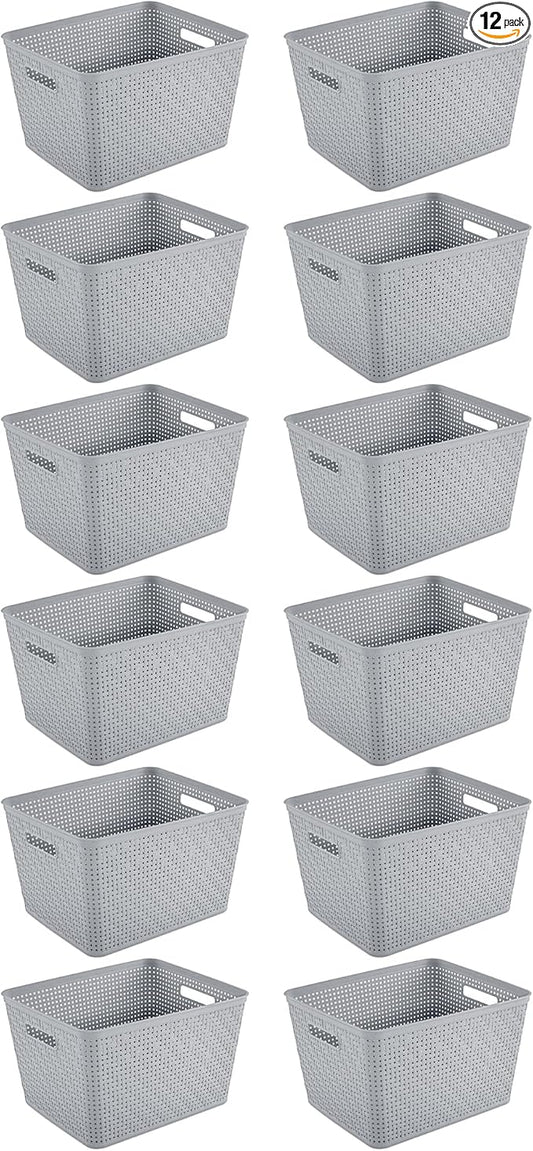 Sterilite 12 Pack Plastic Storage Bin Organization Containers, Tall Baskets, Cement