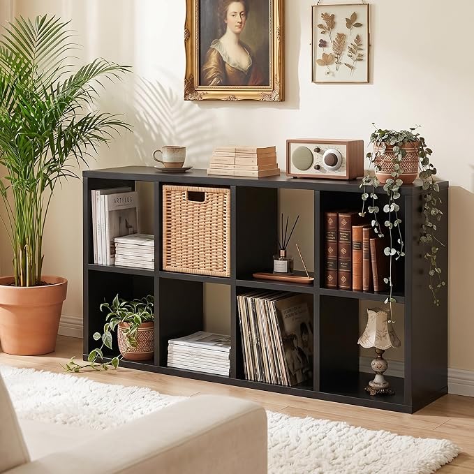 8 Cube Storage Organizer, Black Cube Bookshelf, Multifunctional Bookcase | Cube Storage Organizer Shelf with Open Back and Removable Back Panels, Horizontal Bookcase for Entrance Hall Home Office