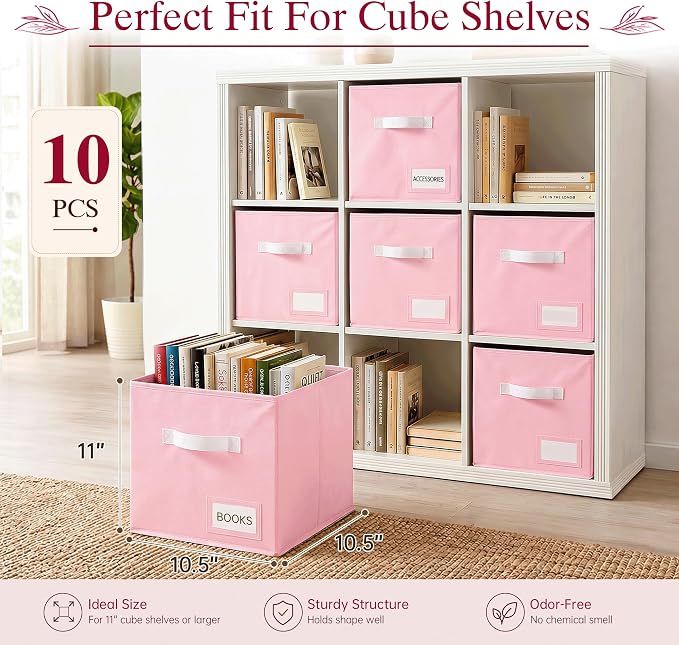 Storage Cubes 10 Pack, 11 Inch Fabric Storage Bins Organizer with Labels, Odor-Free & Sturdy PP Structure, Collapsible Cubby Baskets for Closet, Shelves, Toys & Nursery (Pink)
