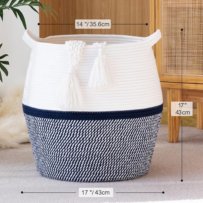 KAKAMAY Woven Baskets for Storage(17"x17"),Large Cotton Rope Basket Woven Baby Laundry Hamper,Collapsible Laundry Basket, Blanket Basket for Living Room,Nursery,Clothes, Toy chest(Navy Blue)
