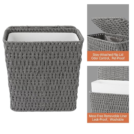 Coeusy 3 Gallon Paper Rope Bathroom Trash Can,Small Wicker Trash Cans with Lid and Liner,Woven Rattan Narrow Waste Basket for Bedroom,Office,Grey