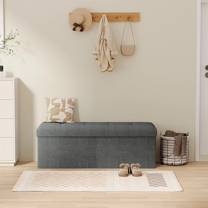 31.5 Inch Foldable Storage Ottoman Bench for Bedroom, Gray | Foldable Footstool, Multi-Functional Foot Rest, End of Bed Bench, Large Hidden Storage Space, Storage Chest For Living Room