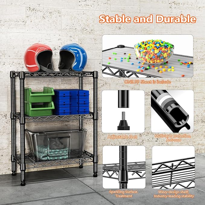 M MZG 750 lbs 3 Tier Shelf Metal Storage Shelves Wire Rack Closet Organizers with PP Board for Garage Kitchen Bathroom Laundry Black 11.8" D x 21.7" W x 28.6" H