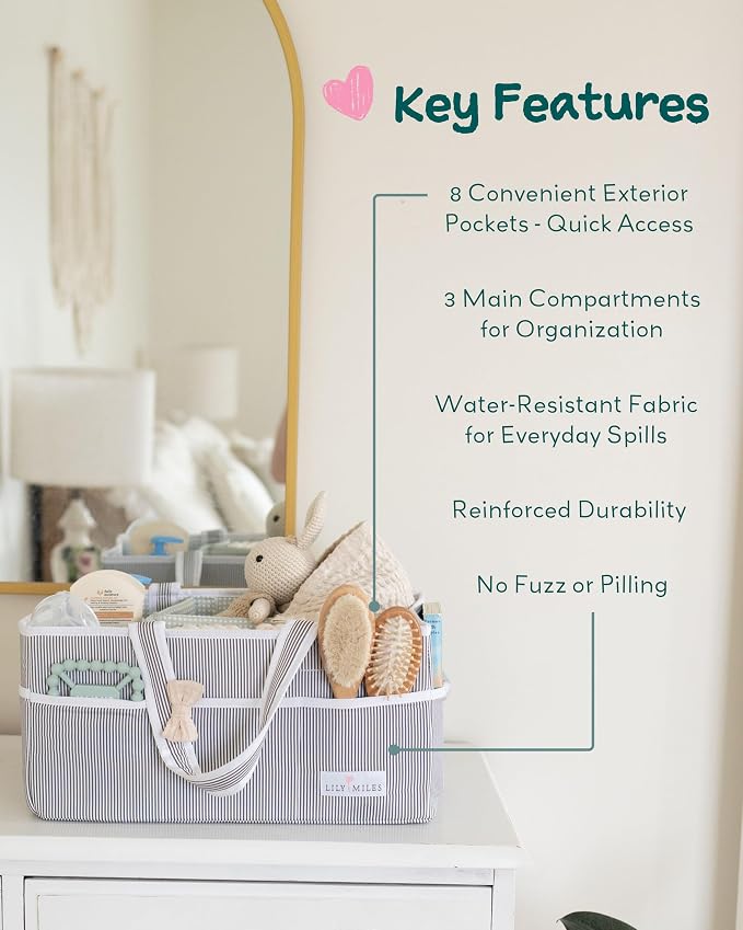 Baby Diaper Caddy Organizer, Girl Nursery Storage Basket with 8 Pockets, Baby Organizer and Storage, Easy-to-Clean Fabric, Large, Pink Blush