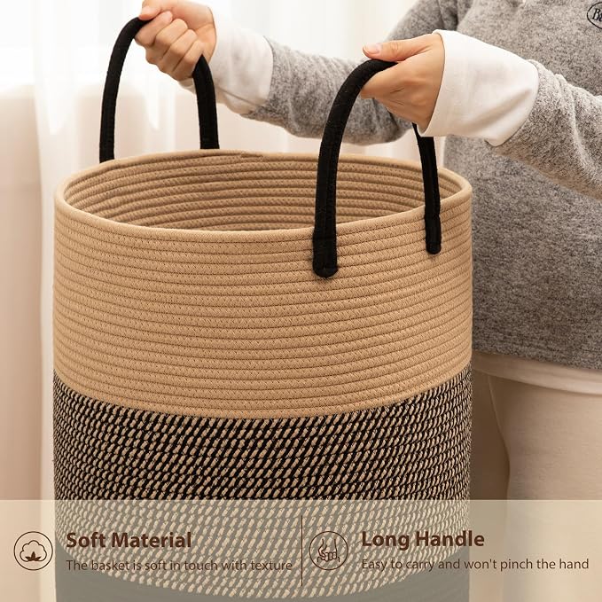 OIAHOMY Large Laundry Basket Hamper - 80L Cotton Rope Woven Basket for Blankets, Toys, Clothes - Tall Decorative Nursery Hamper with Long Handles, Yellow/Black